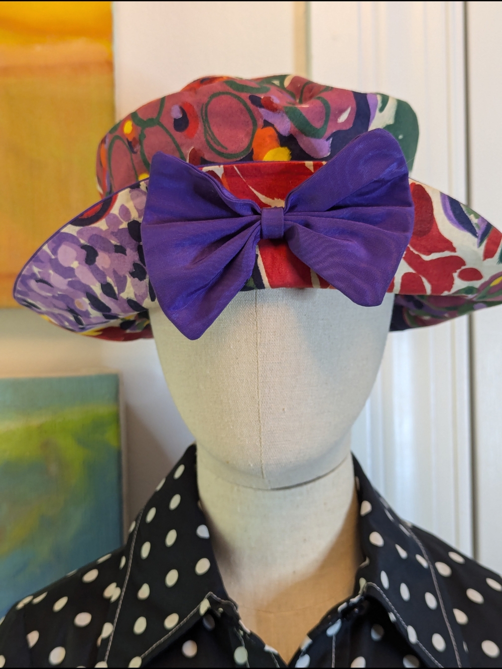 Vintage 1990s Multicolor Floral Bucket Hat with Purple Bow